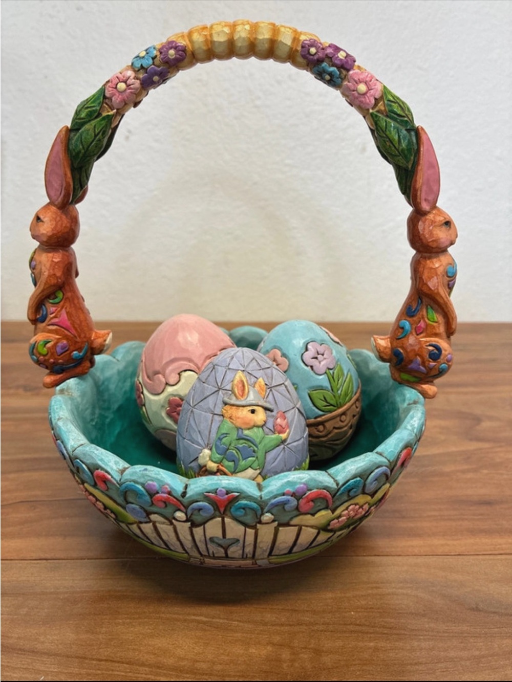 Jim Shore Pastel Turquoise Basket with Decorative Easter Eggs VGUC